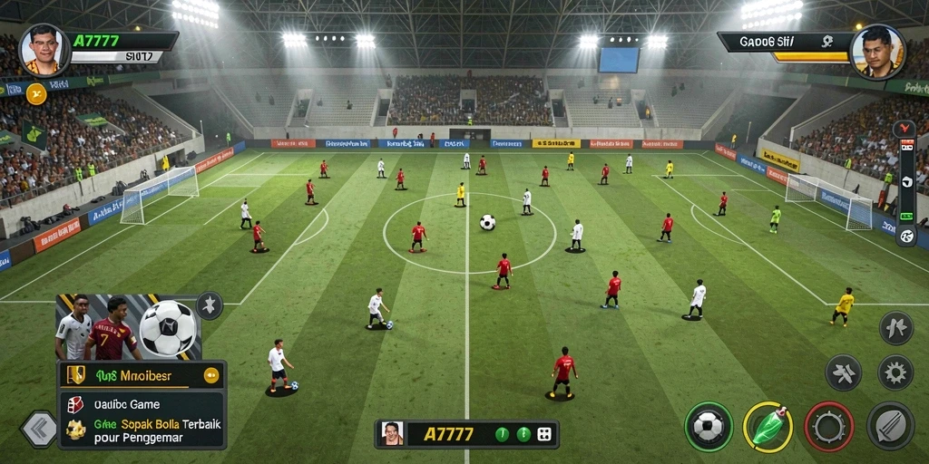 Screenshot A7777 menampilkan aksi seru dalam permainan sepak bola.