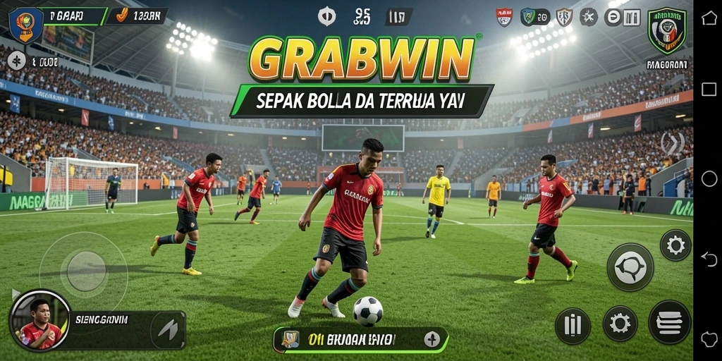 Tampilan gameplay GRABWIN dengan aksi sepak bola yang intens.