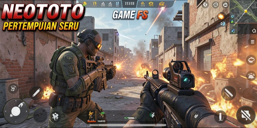 Tampilan seru gameplay NEOTOTO dalam pertempuran FPS.