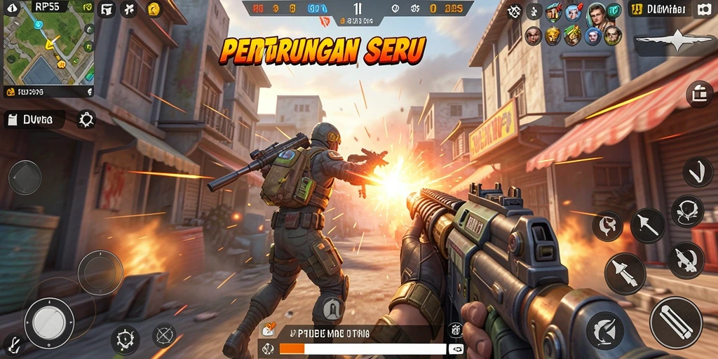 Screenshot utama RP55 menampilkan aksi pertarungan taktis yang intens.